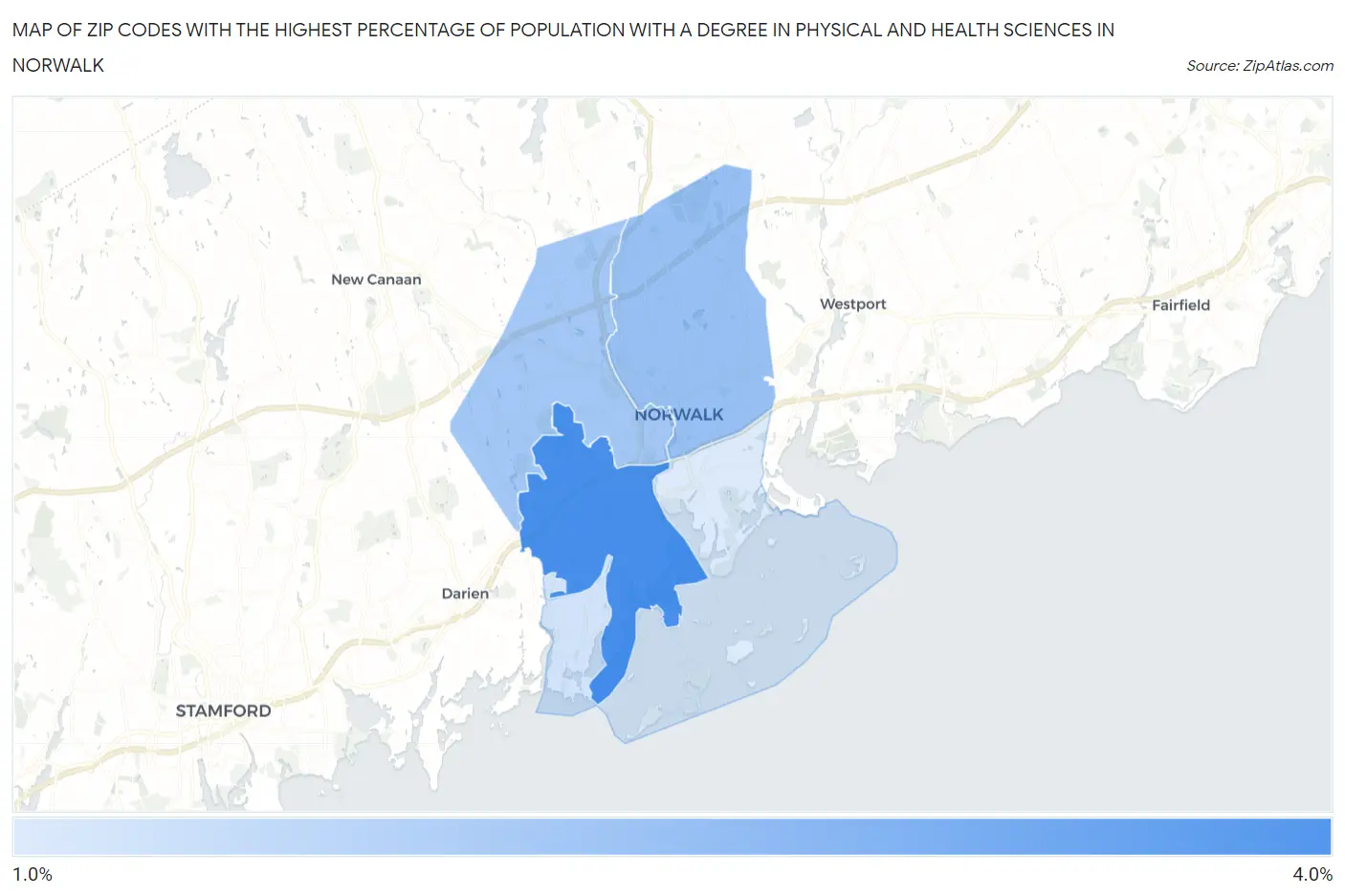 Zip Codes with the Highest Percentage of Population with a Degree in Physical and Health Sciences in Norwalk Map