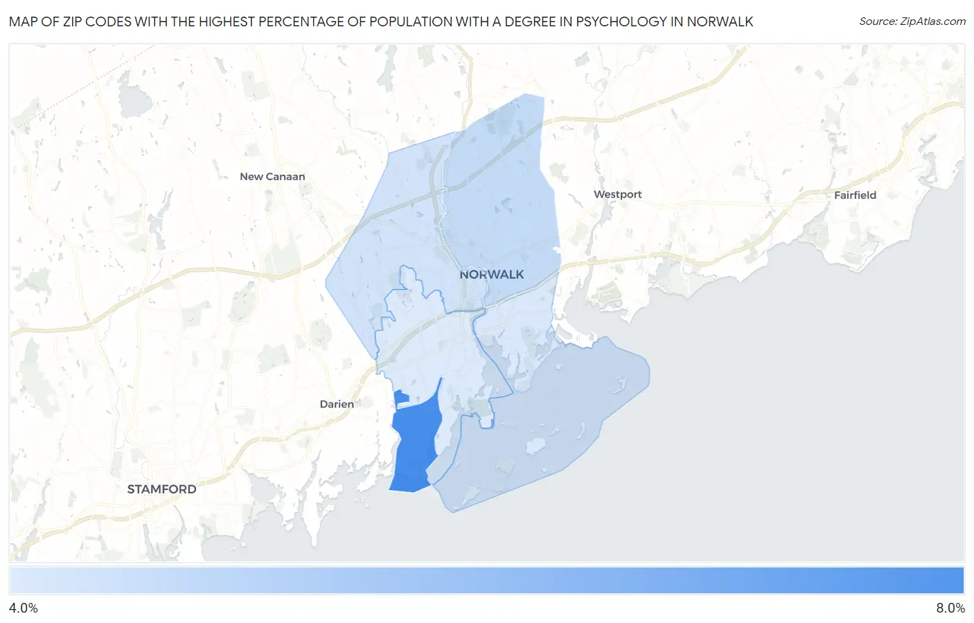 Zip Codes with the Highest Percentage of Population with a Degree in Psychology in Norwalk Map