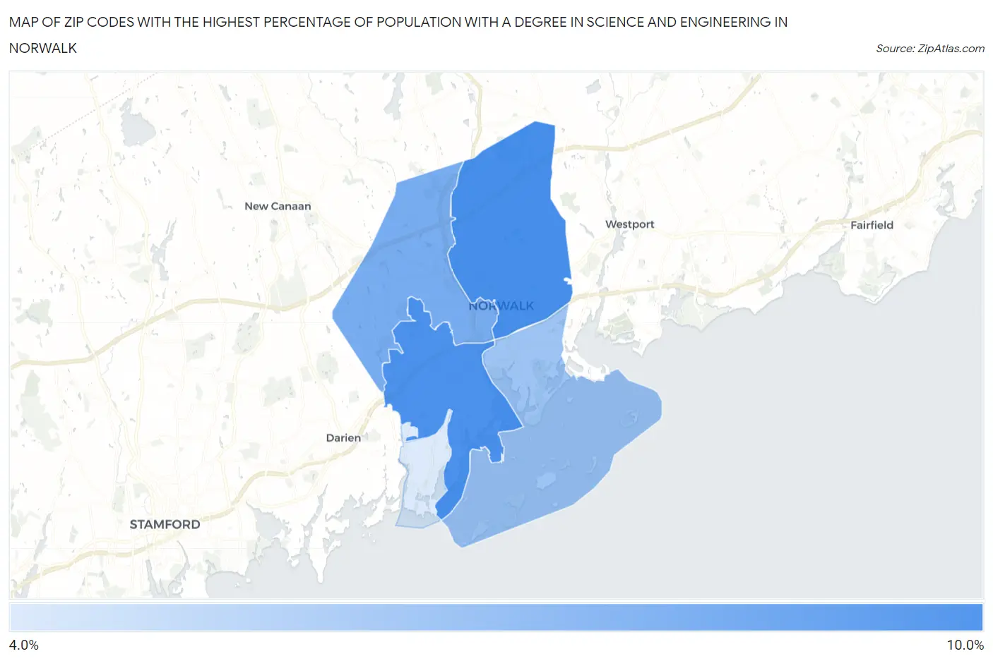 Zip Codes with the Highest Percentage of Population with a Degree in Science and Engineering in Norwalk Map