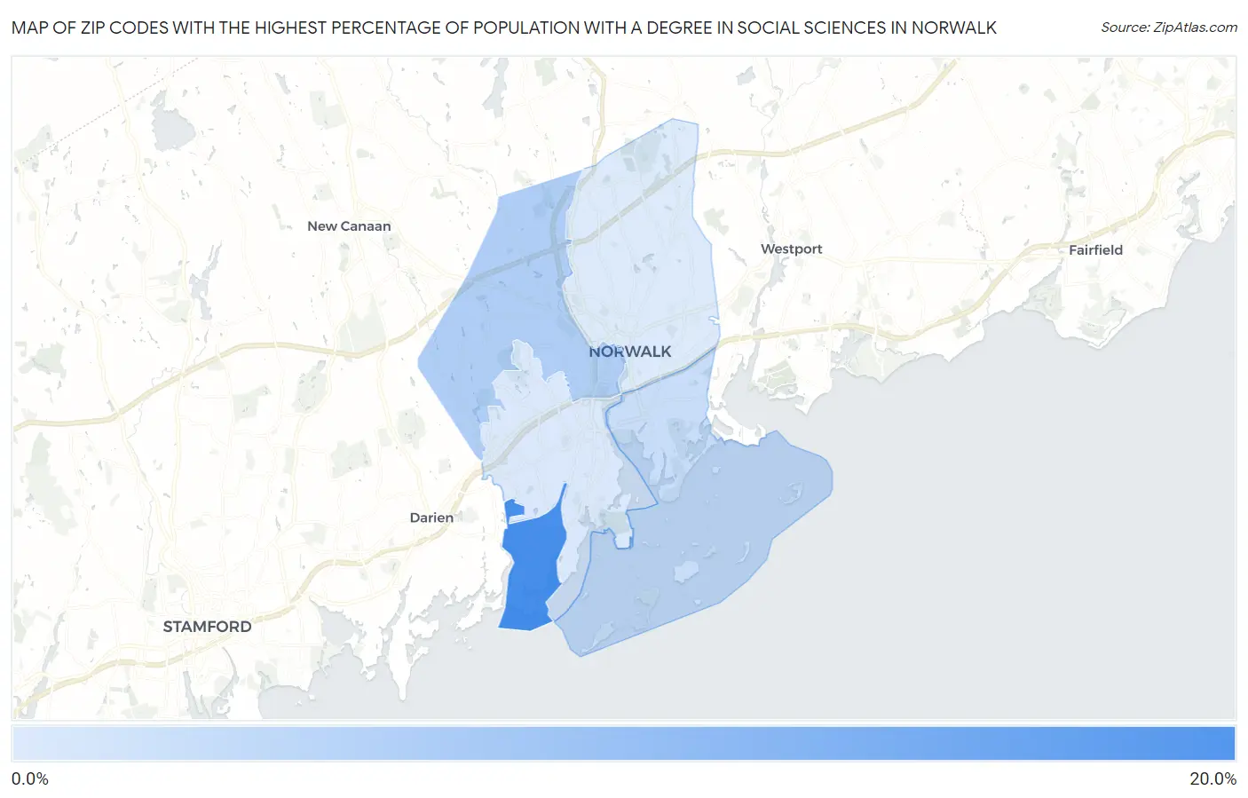 Zip Codes with the Highest Percentage of Population with a Degree in Social Sciences in Norwalk Map