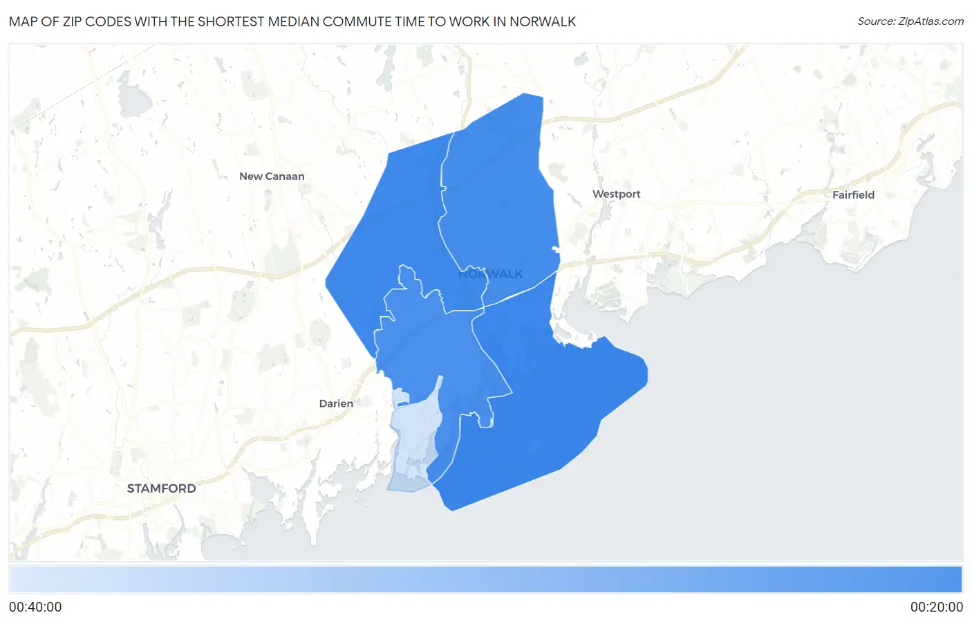 Zip Codes with the Shortest Median Commute Time to Work in Norwalk Map