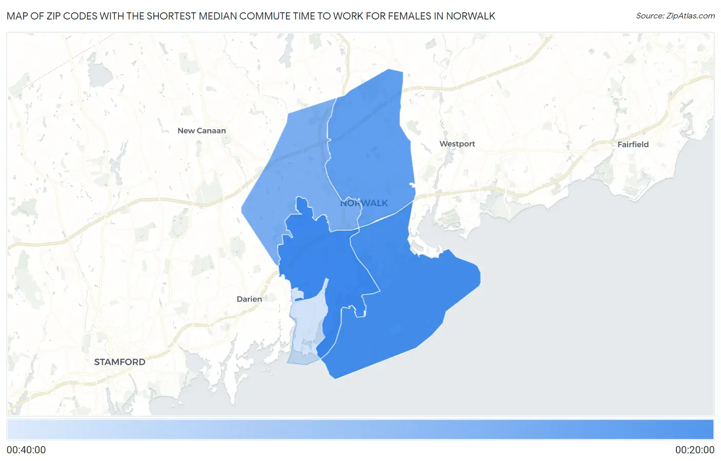 Zip Codes with the Shortest Median Commute Time to Work for Females in Norwalk Map