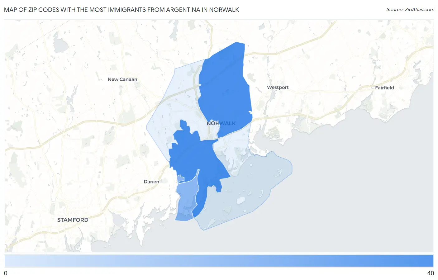 Zip Codes with the Most Immigrants from Argentina in Norwalk Map