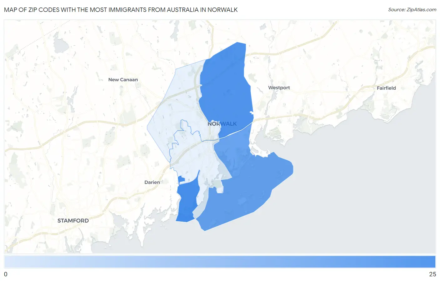 Zip Codes with the Most Immigrants from Australia in Norwalk Map