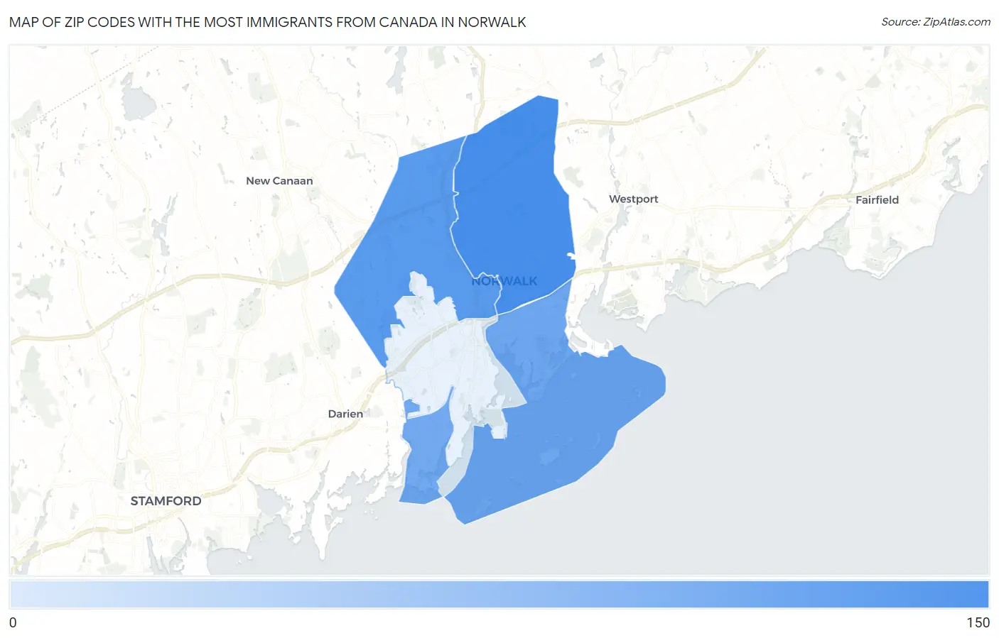 Zip Codes with the Most Immigrants from Canada in Norwalk Map