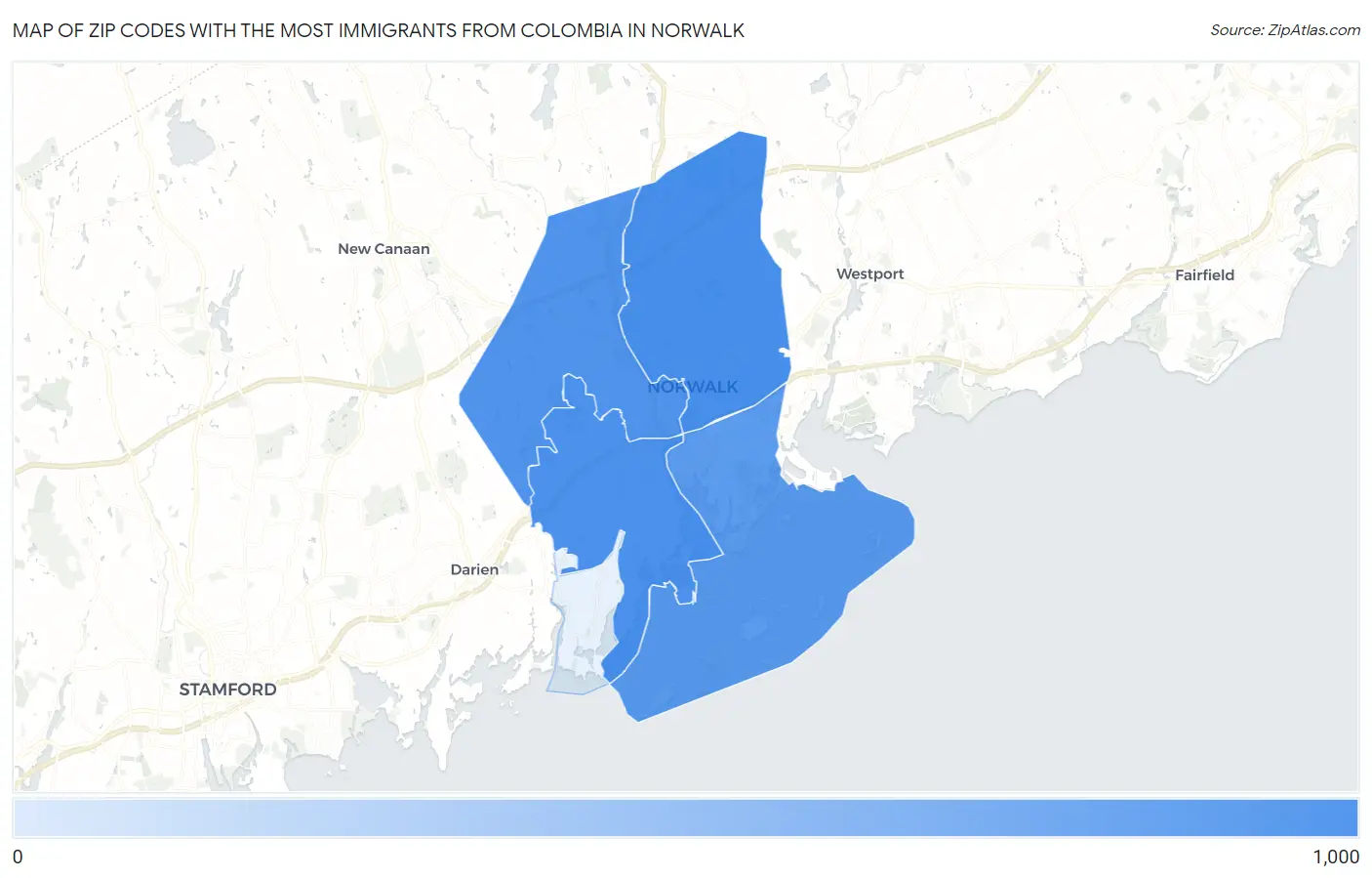 Zip Codes with the Most Immigrants from Colombia in Norwalk Map
