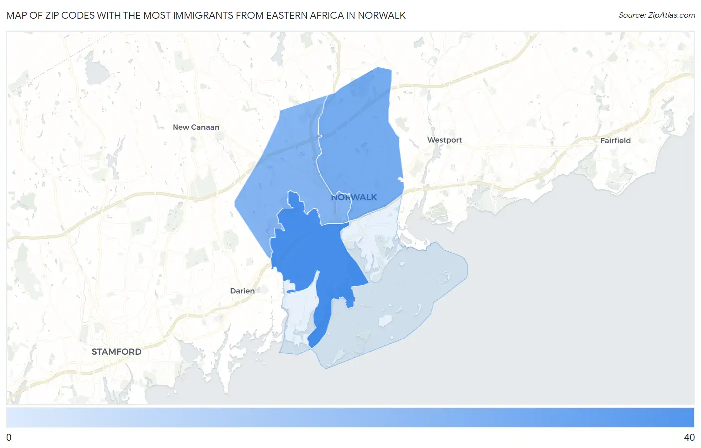 Zip Codes with the Most Immigrants from Eastern Africa in Norwalk Map