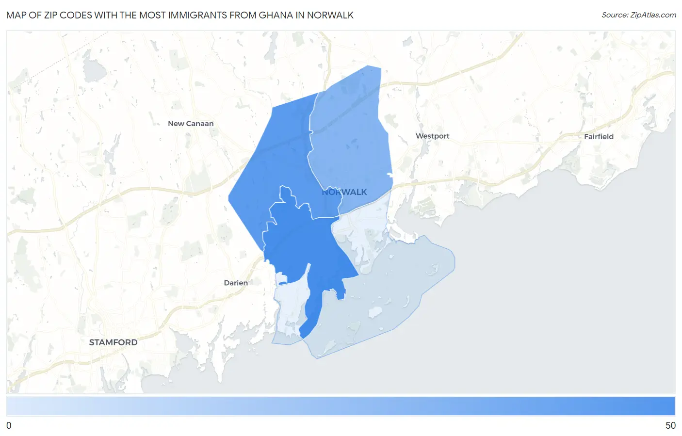Zip Codes with the Most Immigrants from Ghana in Norwalk Map
