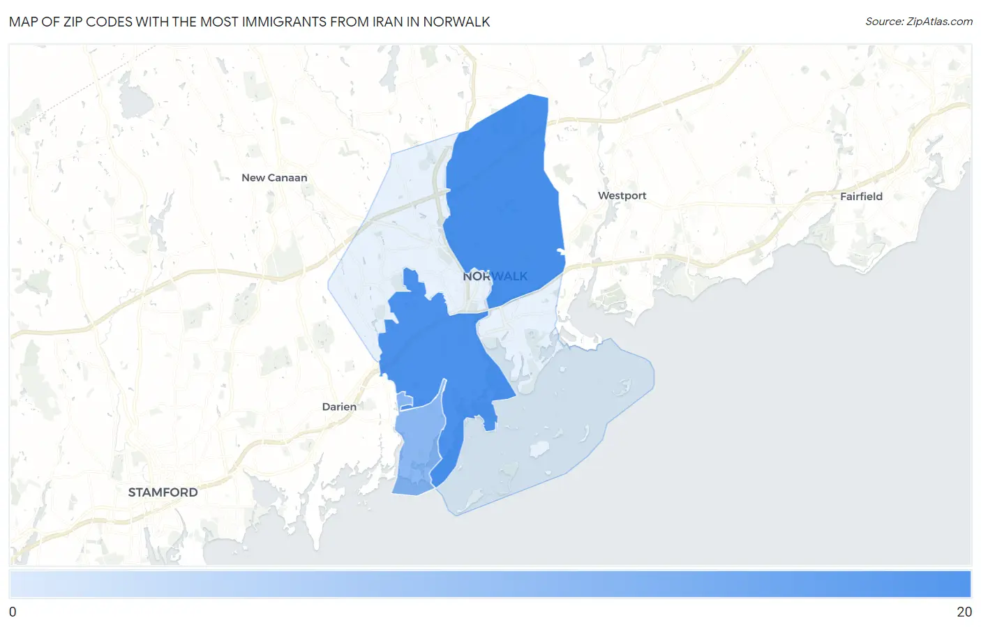 Zip Codes with the Most Immigrants from Iran in Norwalk Map