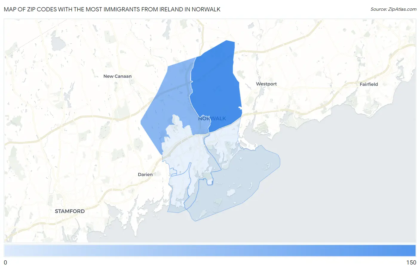 Zip Codes with the Most Immigrants from Ireland in Norwalk Map