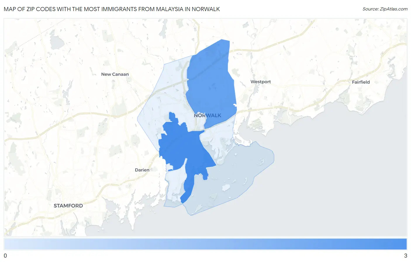 Zip Codes with the Most Immigrants from Malaysia in Norwalk Map