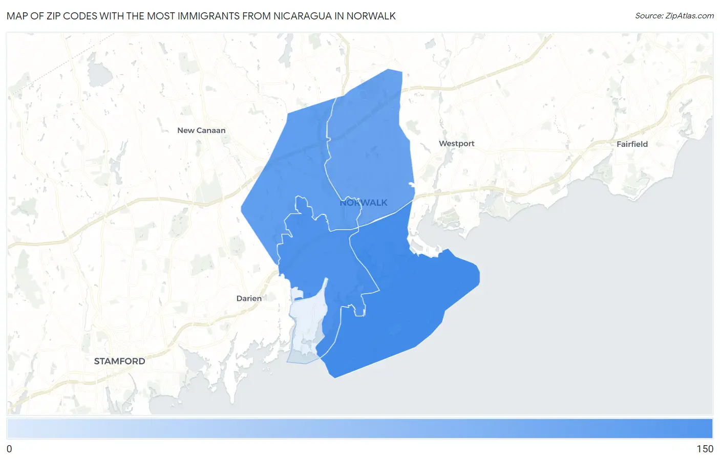 Zip Codes with the Most Immigrants from Nicaragua in Norwalk Map