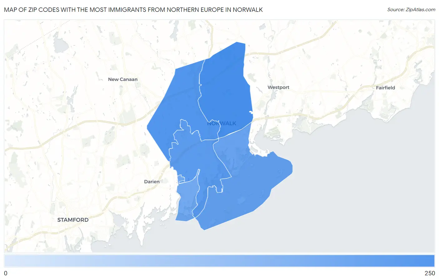 Zip Codes with the Most Immigrants from Northern Europe in Norwalk Map