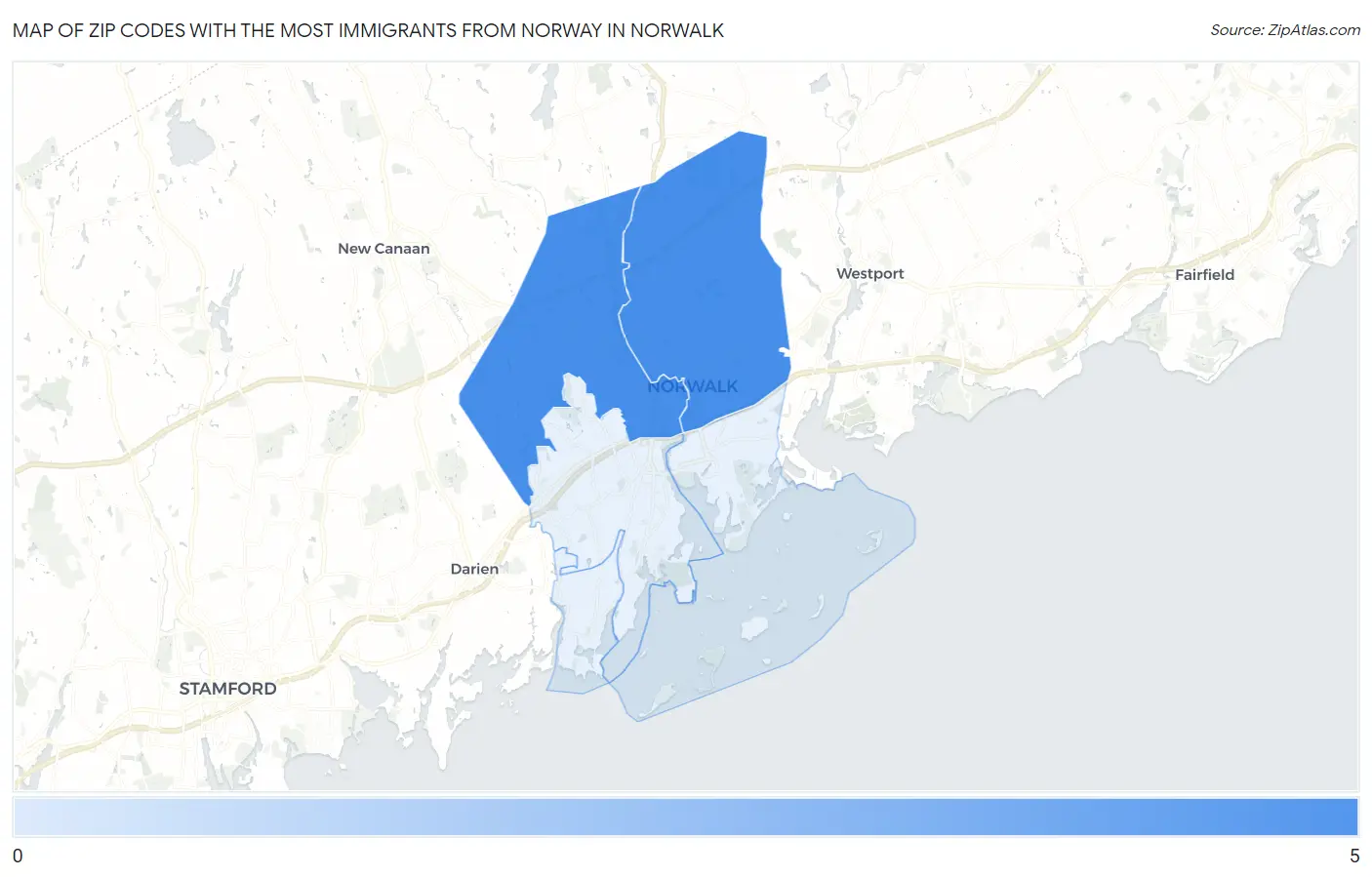 Zip Codes with the Most Immigrants from Norway in Norwalk Map