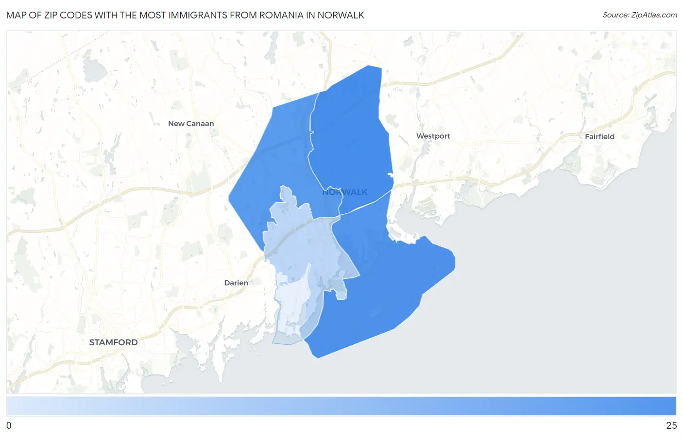 Zip Codes with the Most Immigrants from Romania in Norwalk Map
