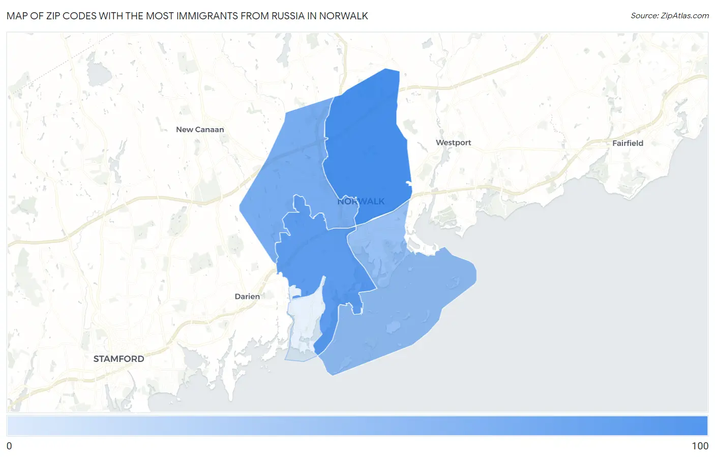 Zip Codes with the Most Immigrants from Russia in Norwalk Map