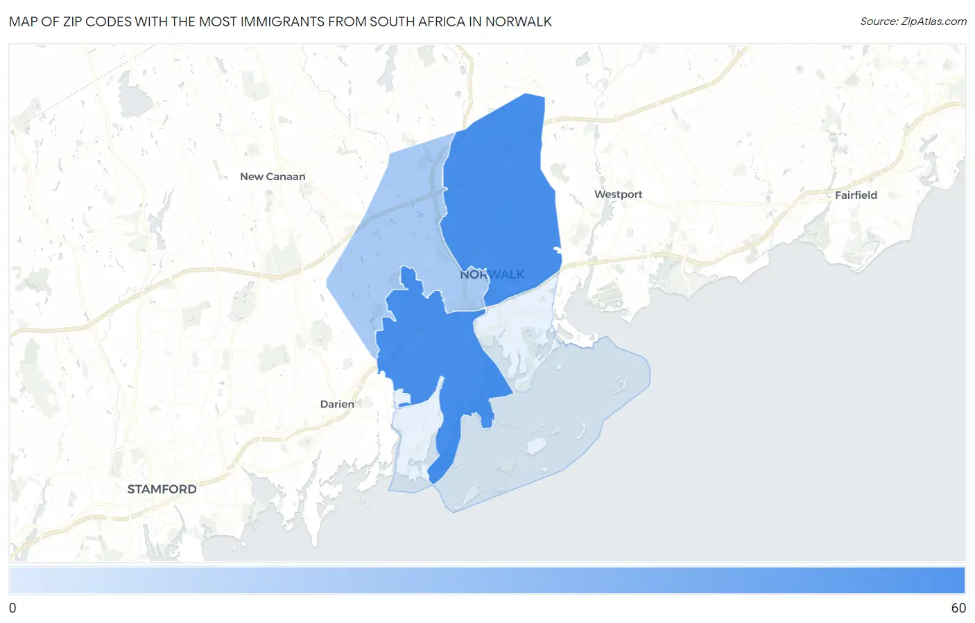 Zip Codes with the Most Immigrants from South Africa in Norwalk Map
