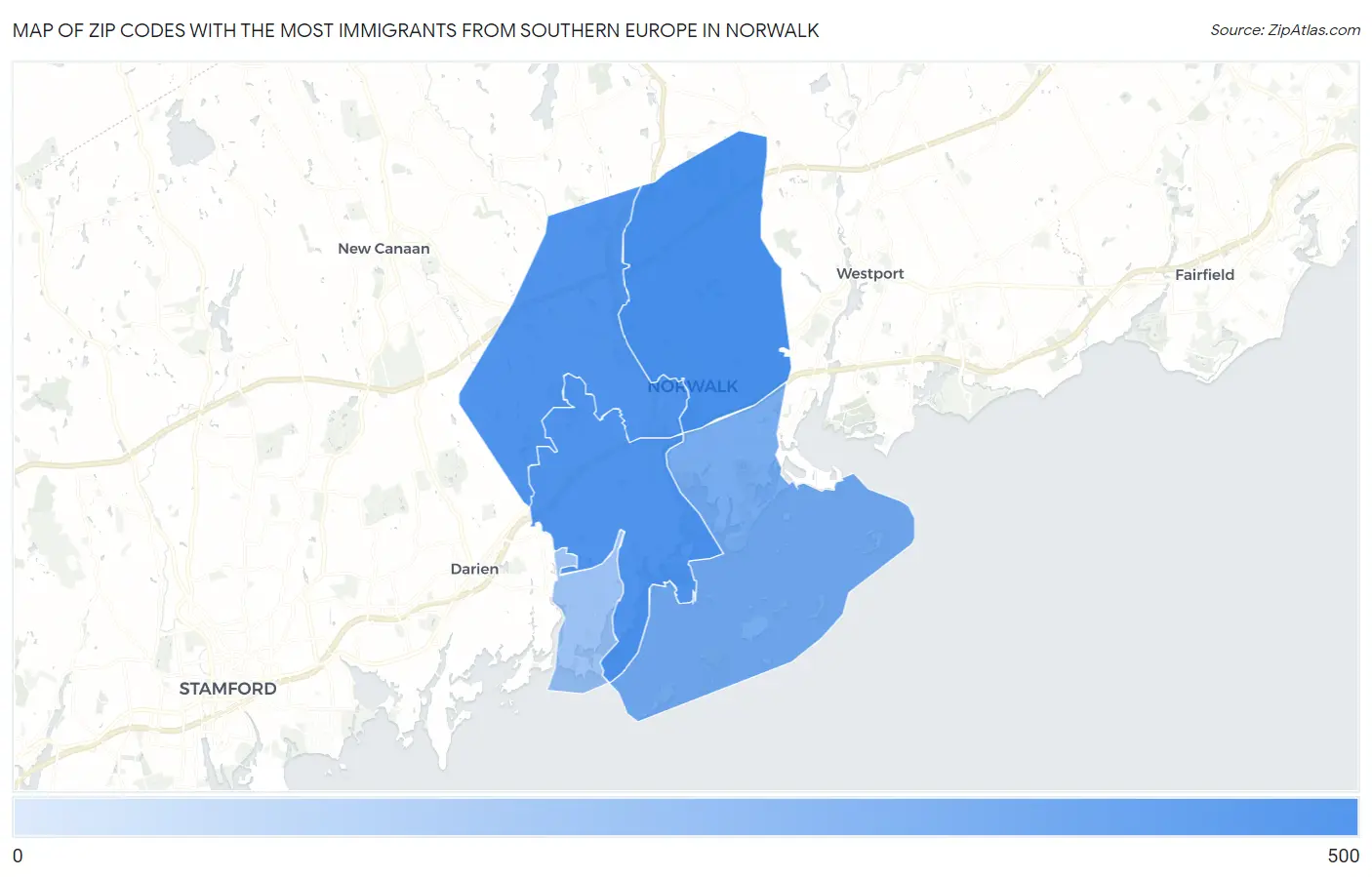 Zip Codes with the Most Immigrants from Southern Europe in Norwalk Map