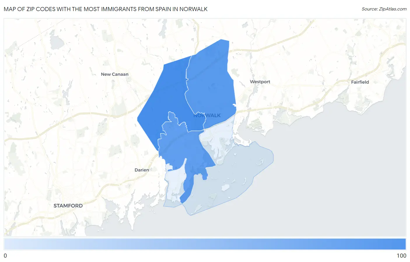 Zip Codes with the Most Immigrants from Spain in Norwalk Map