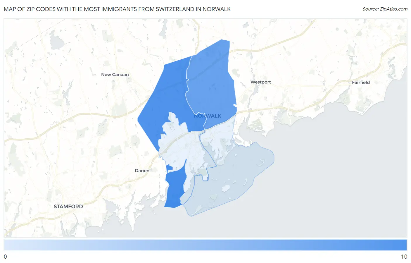 Zip Codes with the Most Immigrants from Switzerland in Norwalk Map
