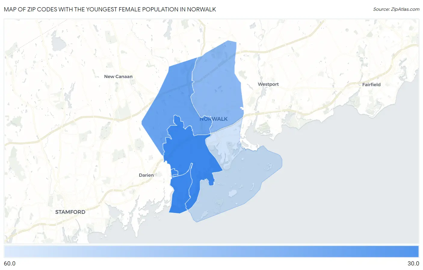 Zip Codes with the Youngest Female Population in Norwalk Map