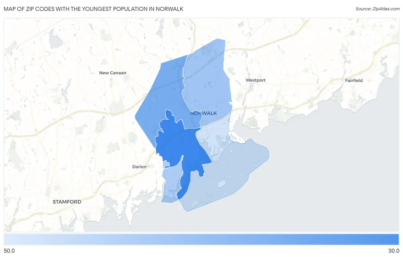Zip Codes with the Youngest Population in Norwalk Map