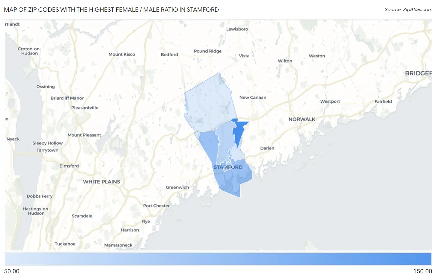 Zip Codes with the Highest Female / Male Ratio in Stamford Map