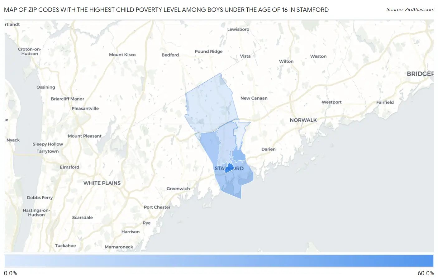 Zip Codes with the Highest Child Poverty Level Among Boys Under the Age of 16 in Stamford Map
