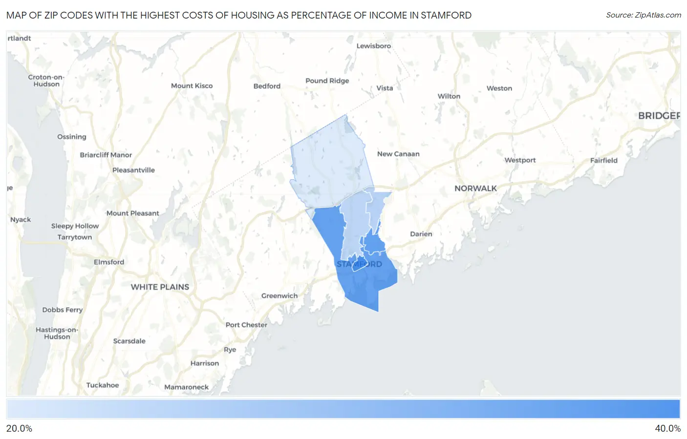 Zip Codes with the Highest Costs of Housing as Percentage of Income in Stamford Map