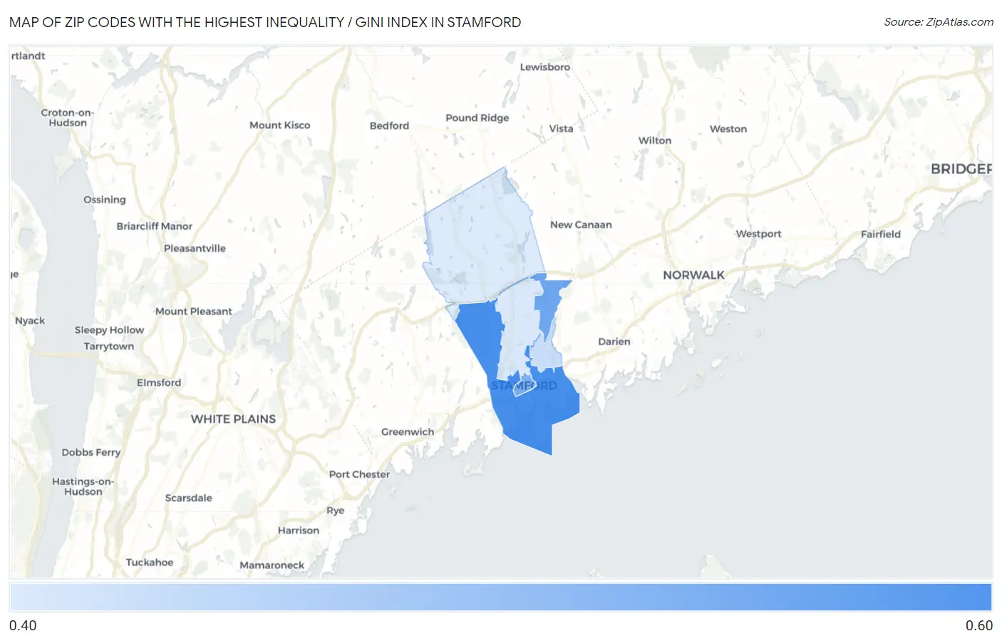 Zip Codes with the Highest Inequality / Gini Index in Stamford Map