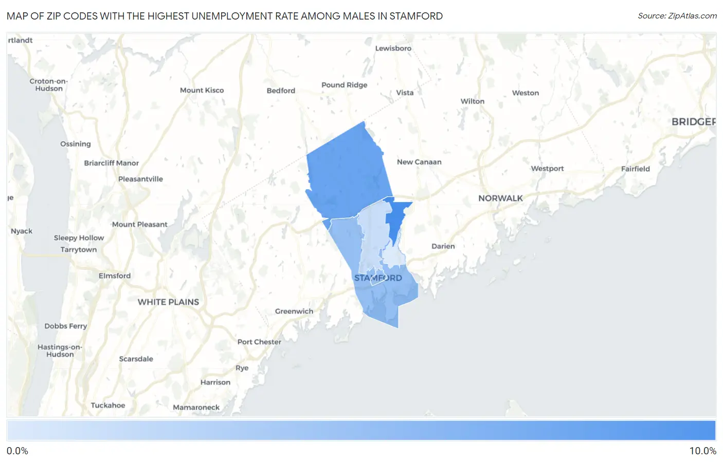 Zip Codes with the Highest Unemployment Rate Among Males in Stamford Map
