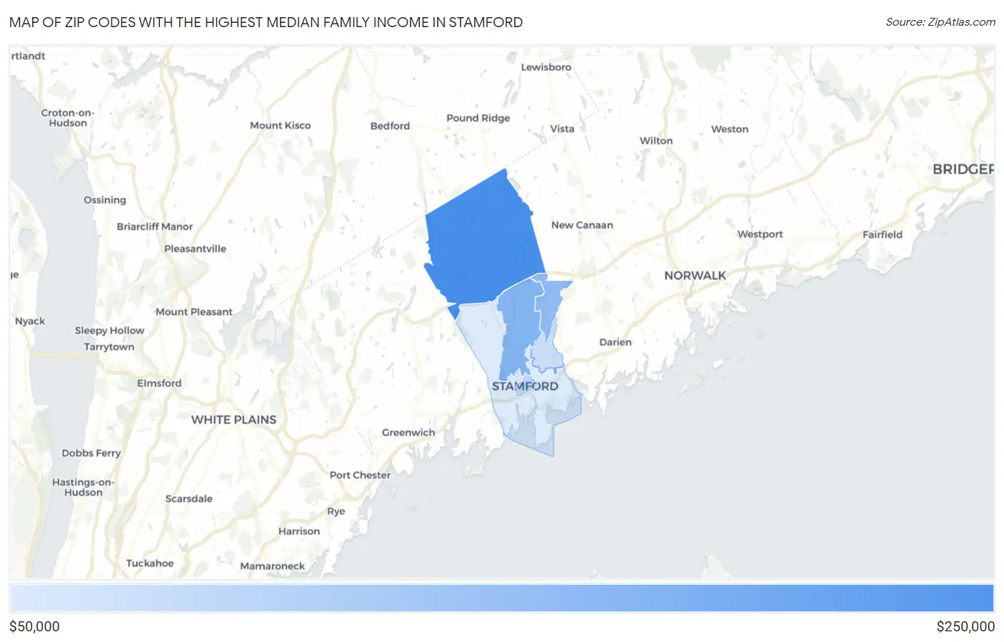 Zip Codes with the Highest Median Family Income in Stamford Map