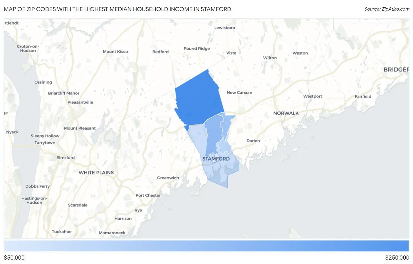 Zip Codes with the Highest Median Household Income in Stamford Map