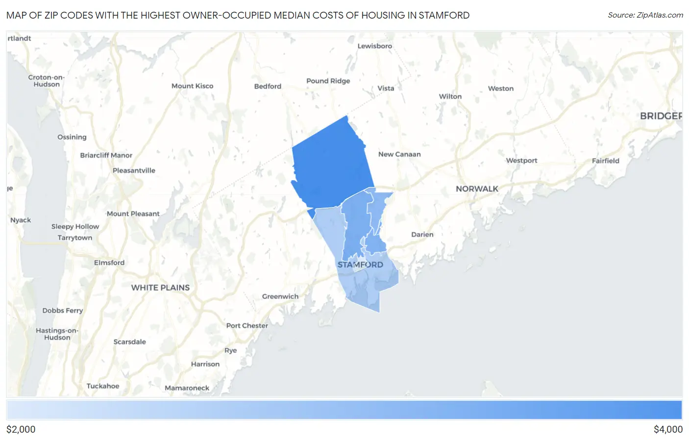 Zip Codes with the Highest Owner-Occupied Median Costs of Housing in Stamford Map