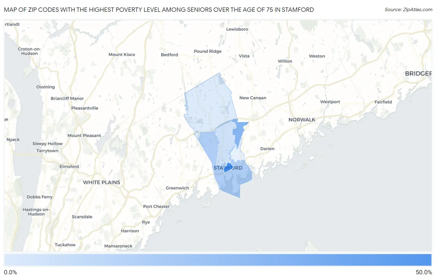 Zip Codes with the Highest Poverty Level Among Seniors Over the Age of 75 in Stamford Map