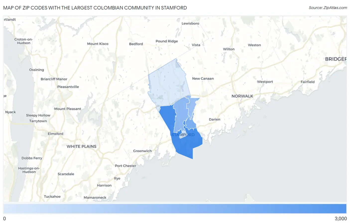 Zip Codes with the Largest Colombian Community in Stamford Map