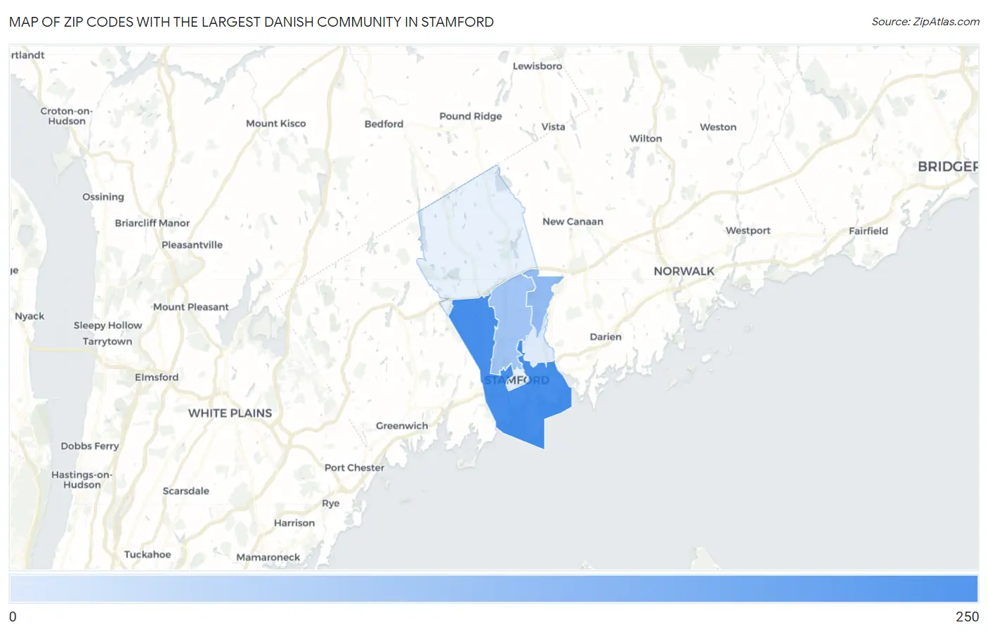 Zip Codes with the Largest Danish Community in Stamford Map