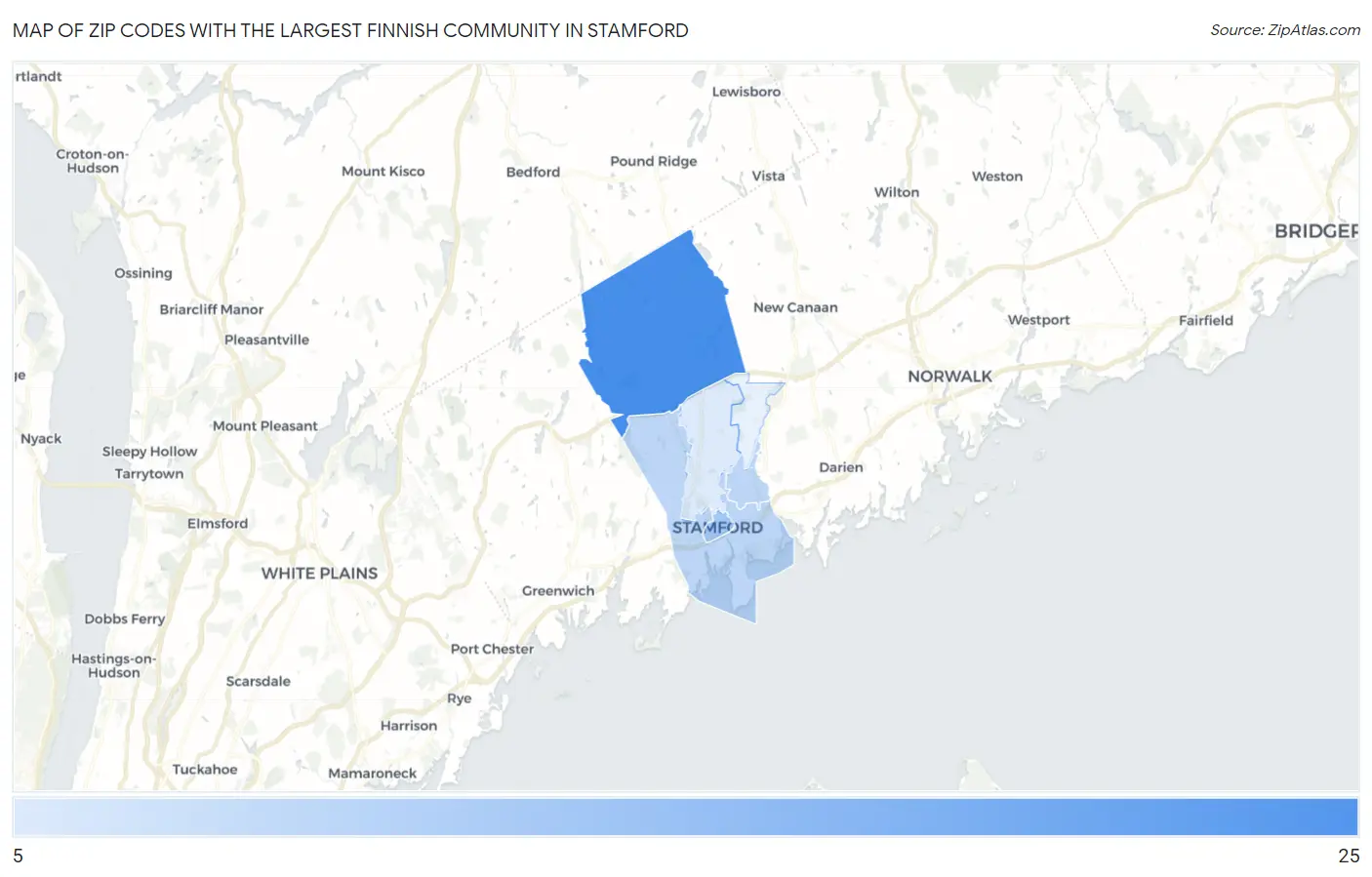 Zip Codes with the Largest Finnish Community in Stamford Map