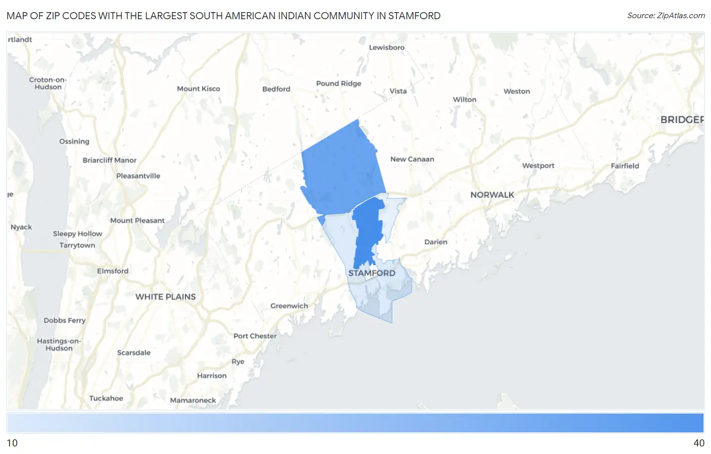 Zip Codes with the Largest South American Indian Community in Stamford Map