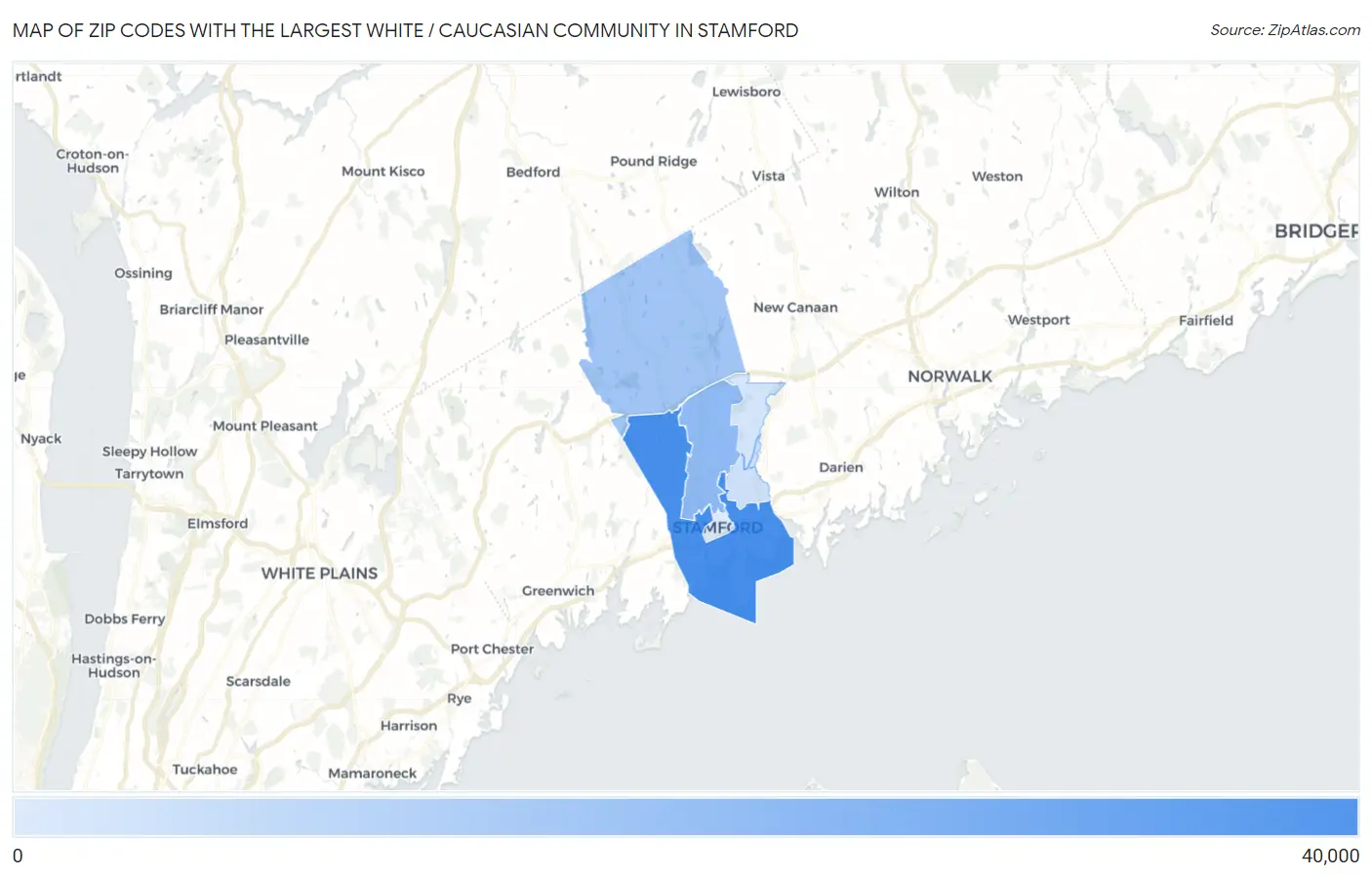 Zip Codes with the Largest White / Caucasian Community in Stamford Map