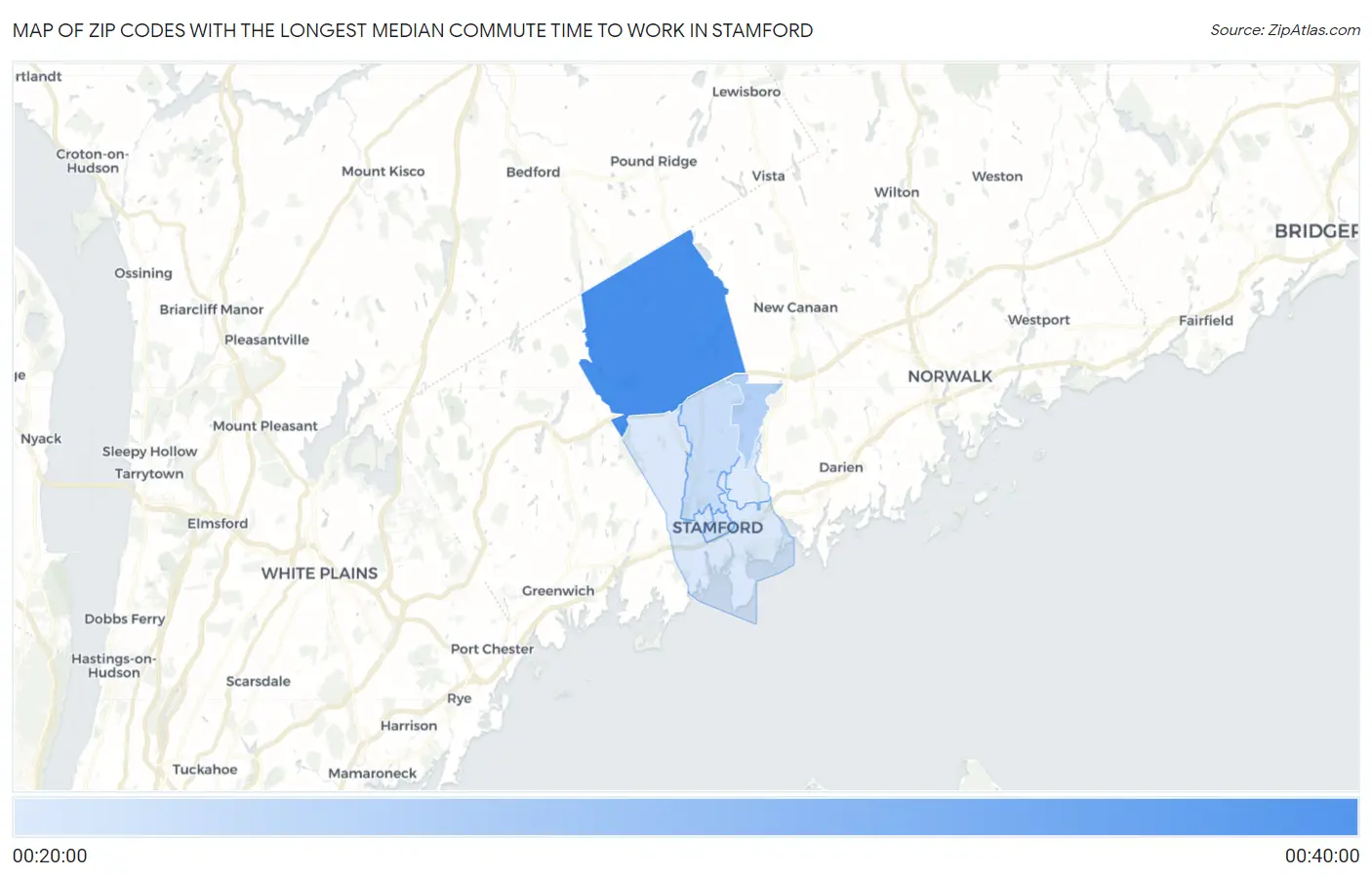 Zip Codes with the Longest Median Commute Time to Work in Stamford Map