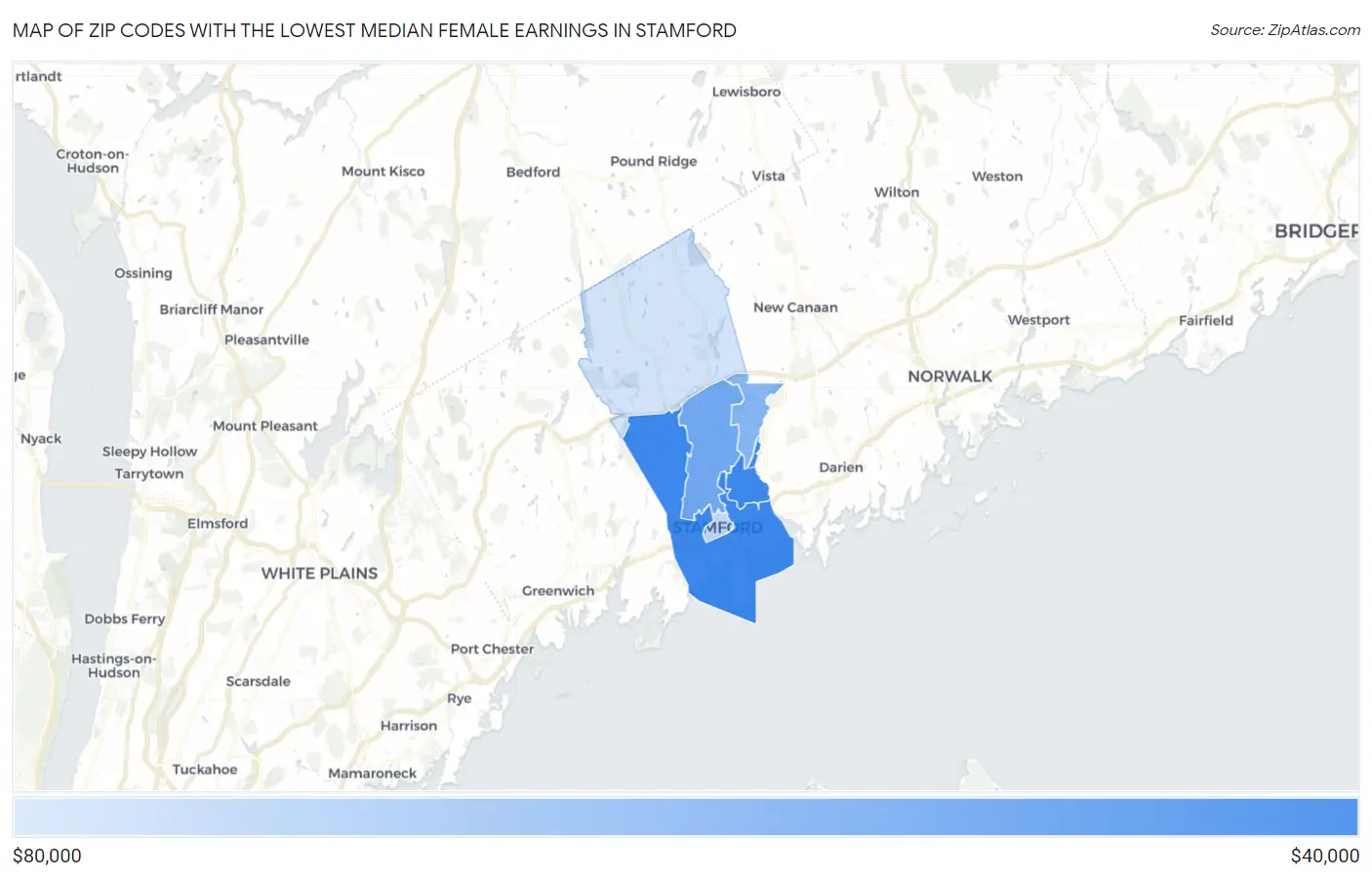 Zip Codes with the Lowest Median Female Earnings in Stamford Map