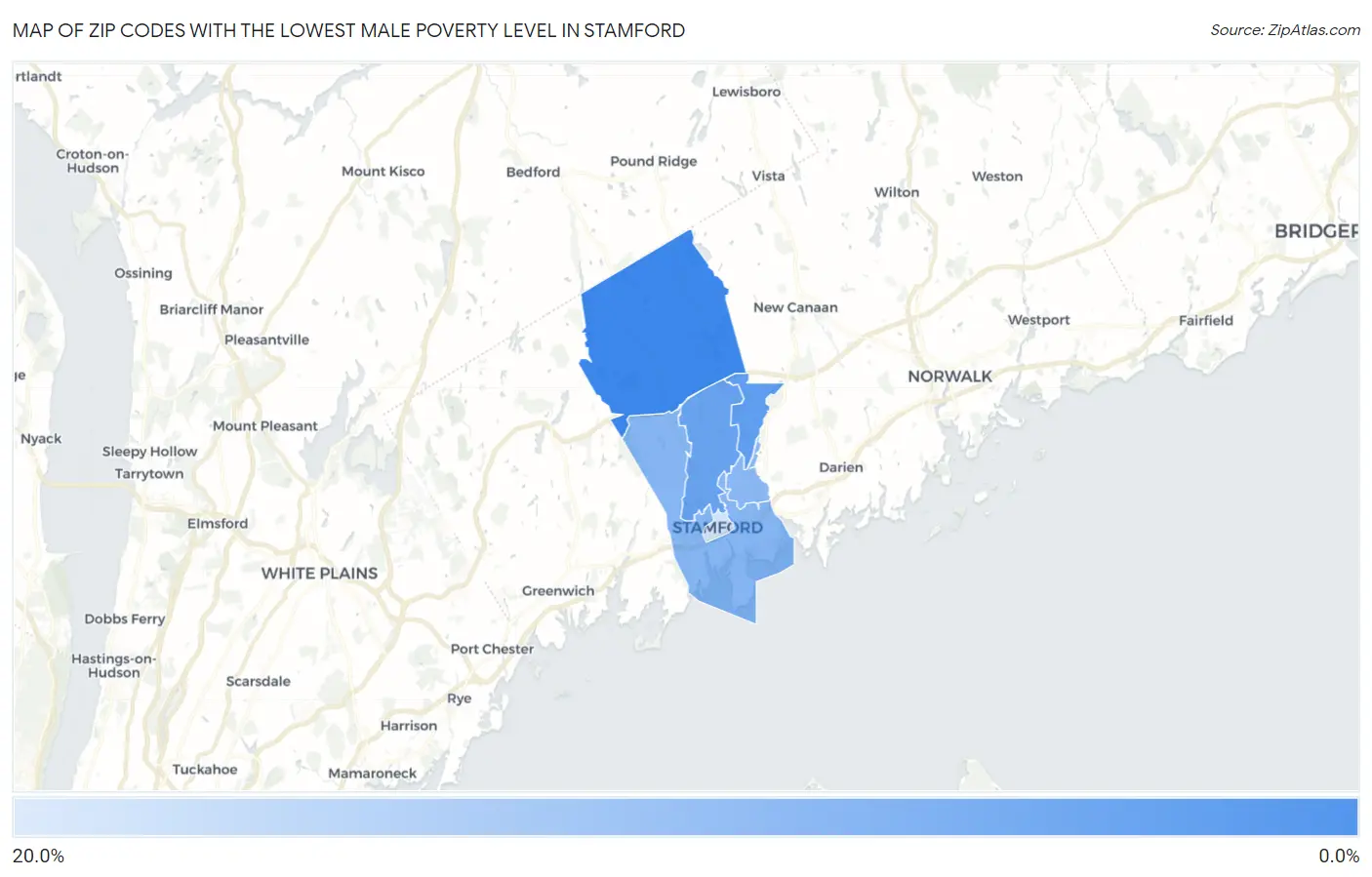 Zip Codes with the Lowest Male Poverty Level in Stamford Map