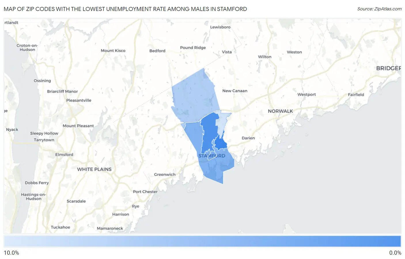 Zip Codes with the Lowest Unemployment Rate Among Males in Stamford Map