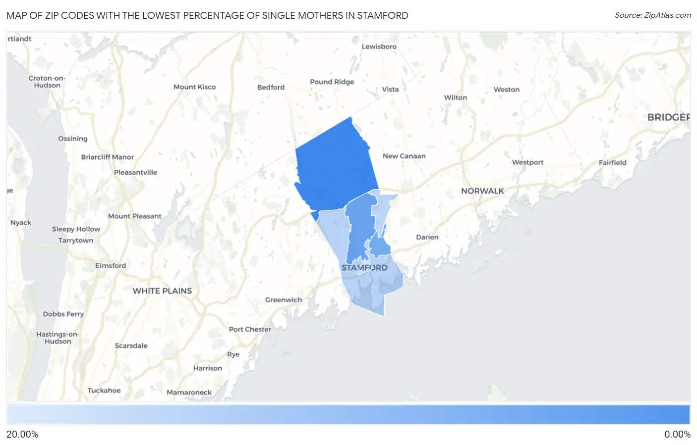 Zip Codes with the Lowest Percentage of Single Mothers in Stamford Map