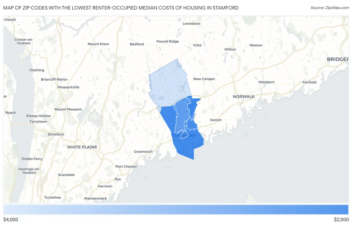 Zip Codes with the Lowest Renter-Occupied Median Costs of Housing in Stamford Map