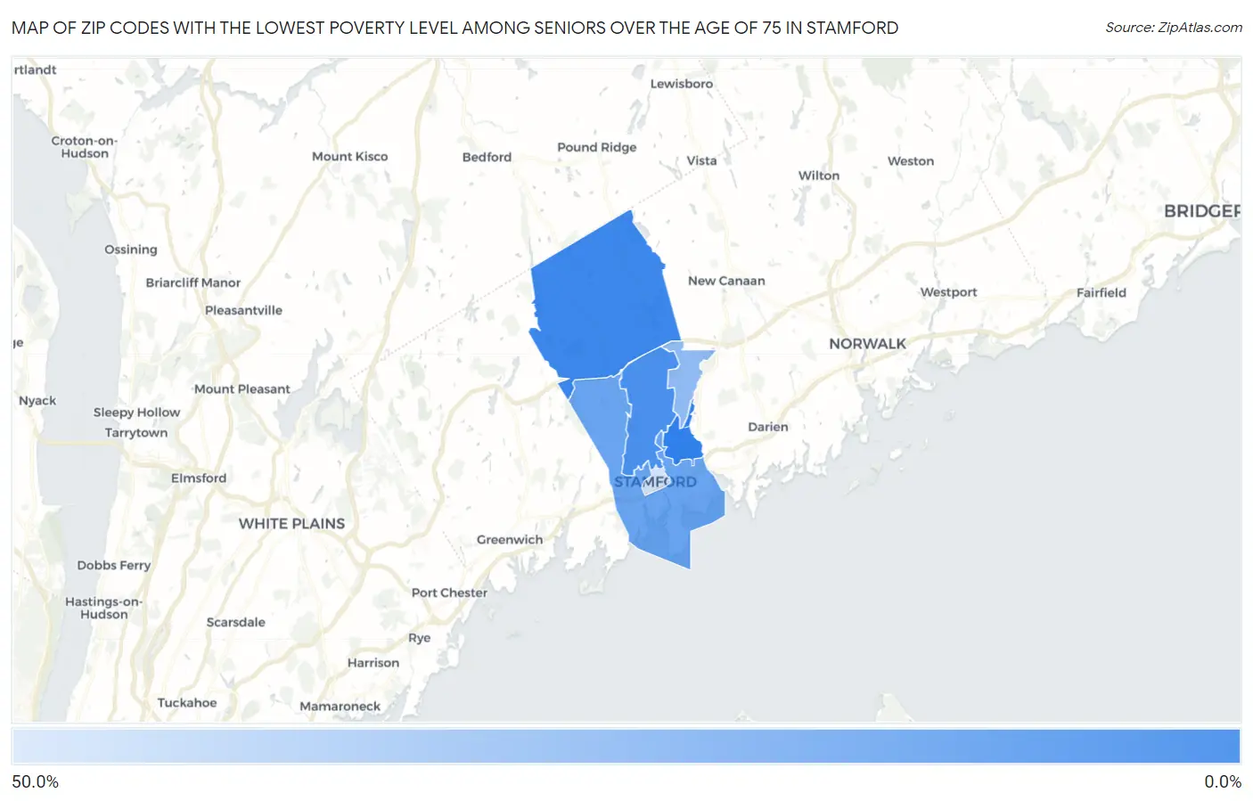 Zip Codes with the Lowest Poverty Level Among Seniors Over the Age of 75 in Stamford Map