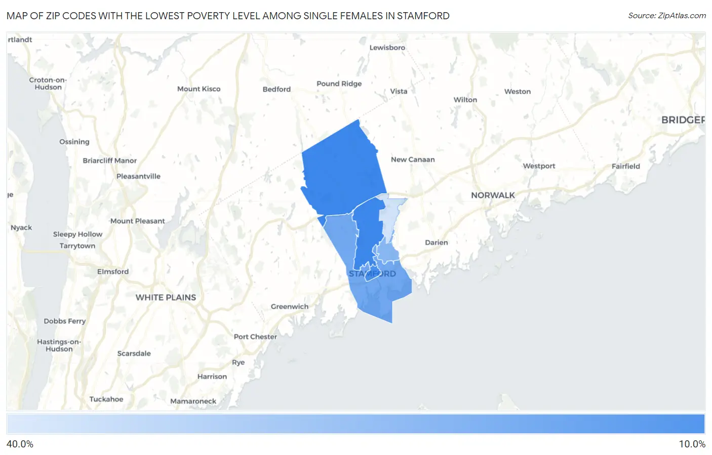 Zip Codes with the Lowest Poverty Level Among Single Females in Stamford Map