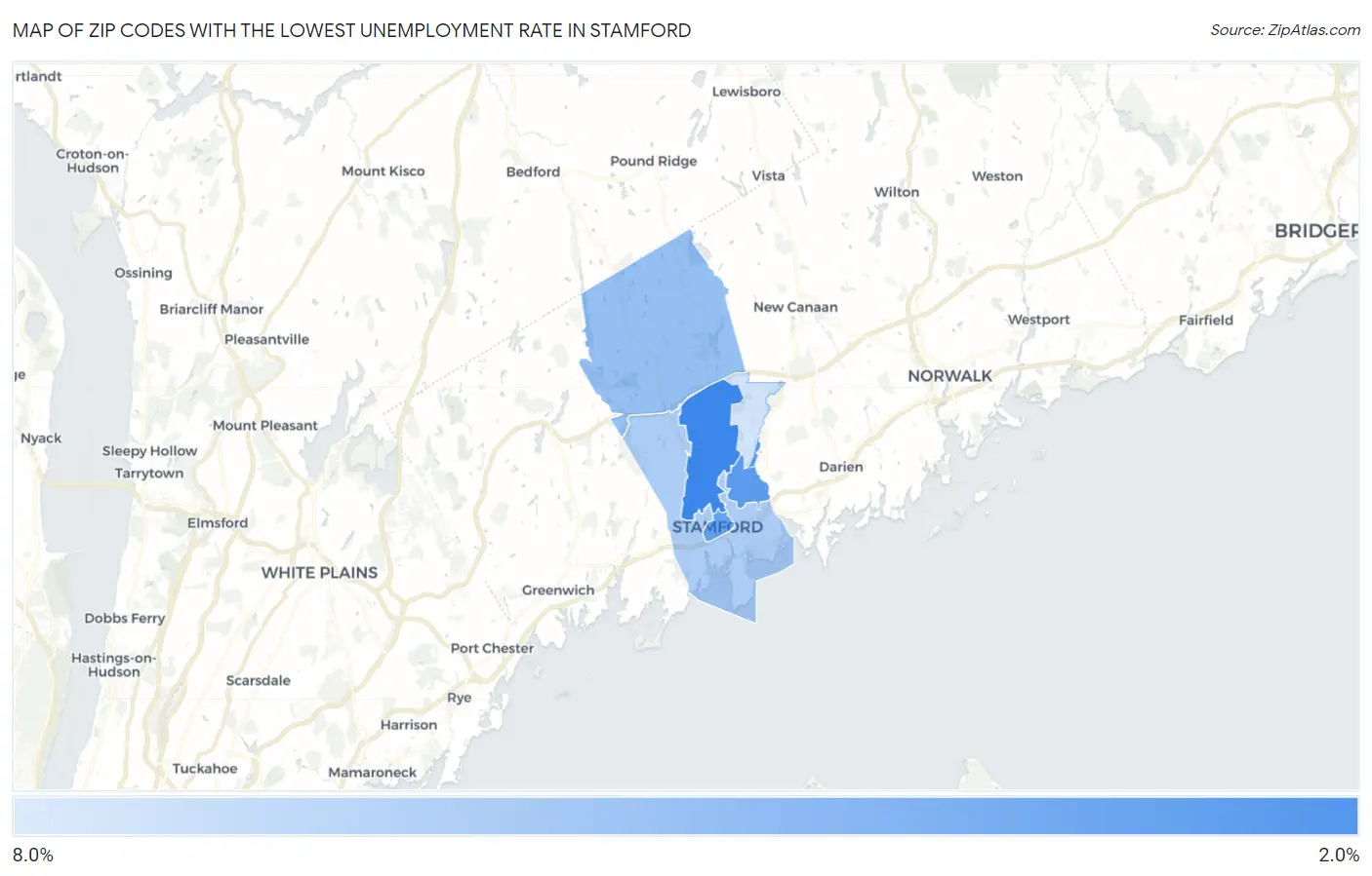 Zip Codes with the Lowest Unemployment Rate in Stamford Map