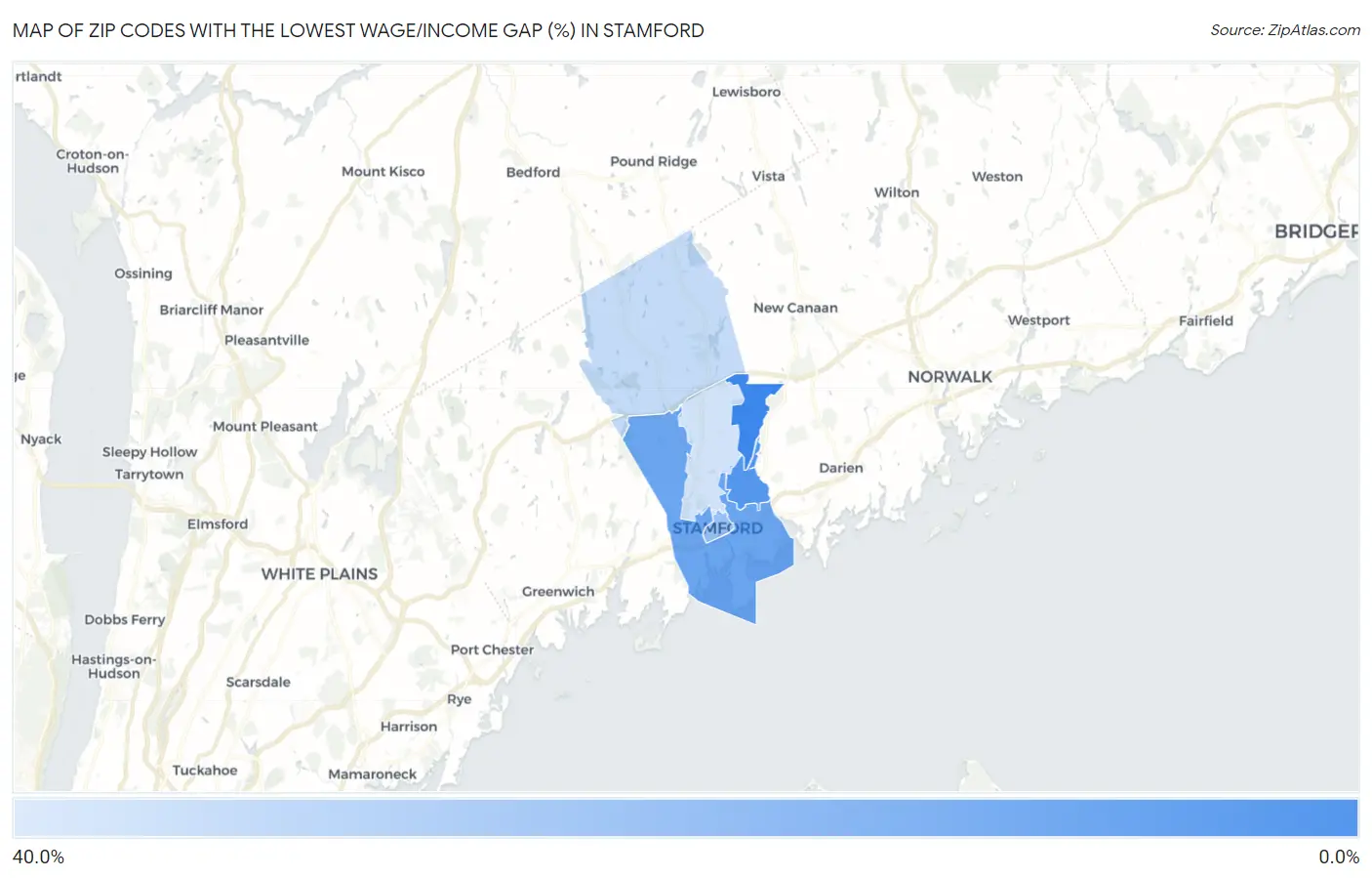 Zip Codes with the Lowest Wage/Income Gap (%) in Stamford Map